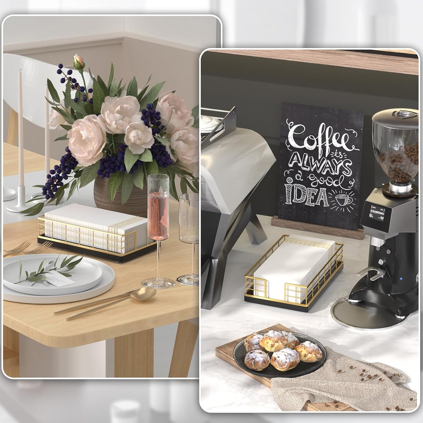 Wican Guest Towel Holder Tray for Bathroom, Oak and Iron Napkins Holder for Powder Room Dinning Table Wooden Basket for Disposable Paper Hand Towels Gold and Black