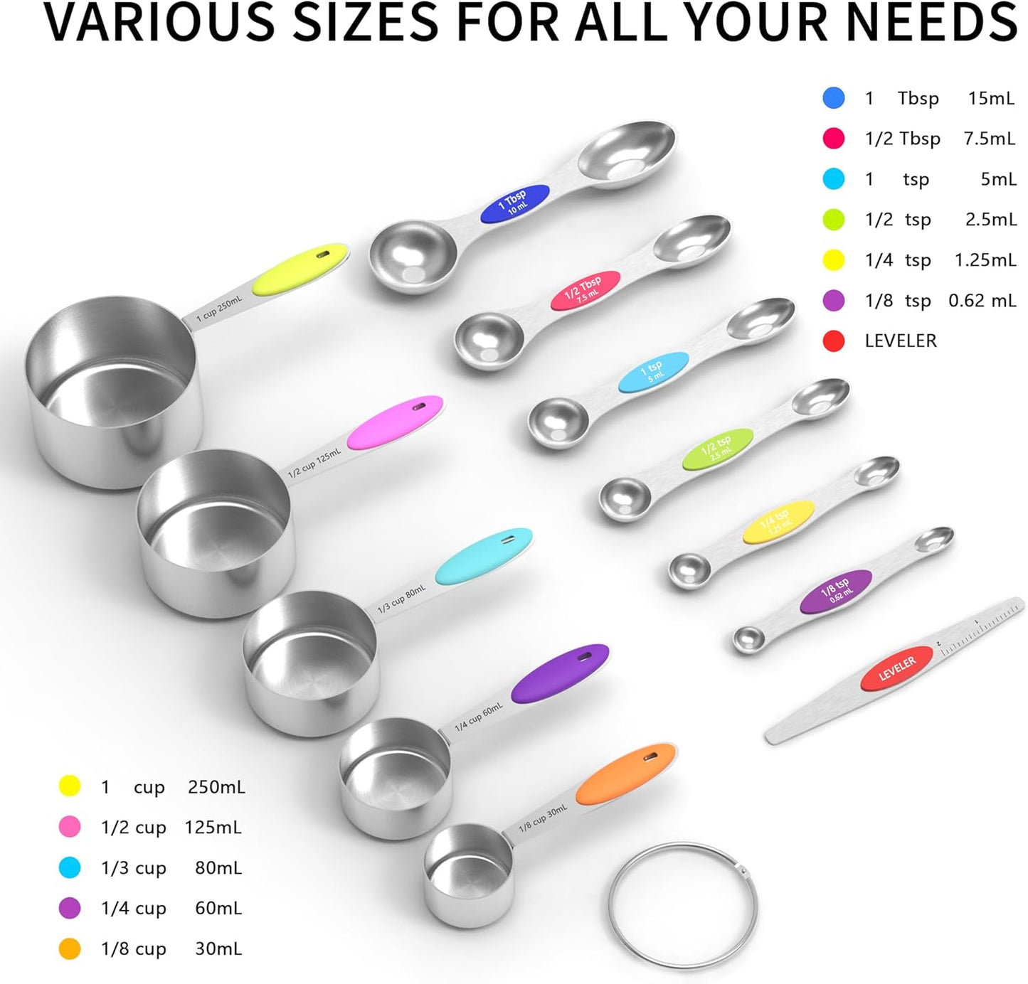 TILUCK measuring cups and magnetic measuring spoons set, stainless steel measuring cups, 6 double-sided stainless steel measuring spoons & 1 leveler (5+7)