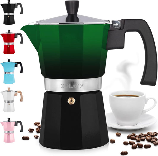 Zulay Kitchen Stovetop Espresso Maker - Moka Pot 6 Espresso Cups - Percolator Coffee Maker for Classic Cuban & Italian Style Espresso - Portable Coffee Maker for Camping & Travel - (Green/Black)