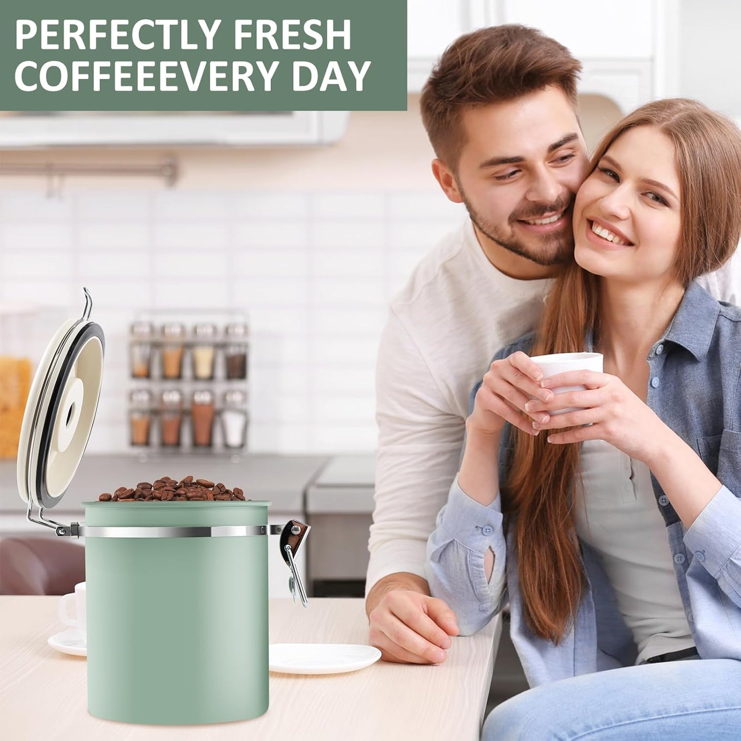 2Pcs Coffee Storage Canister 1.5L Double Airtight Coffee Beans Container with Date Locator 304 Stainless Steel Kitchen Food Storage Container with Spoon for Coffee Beans Grounds Tea,Green Sugar,Green