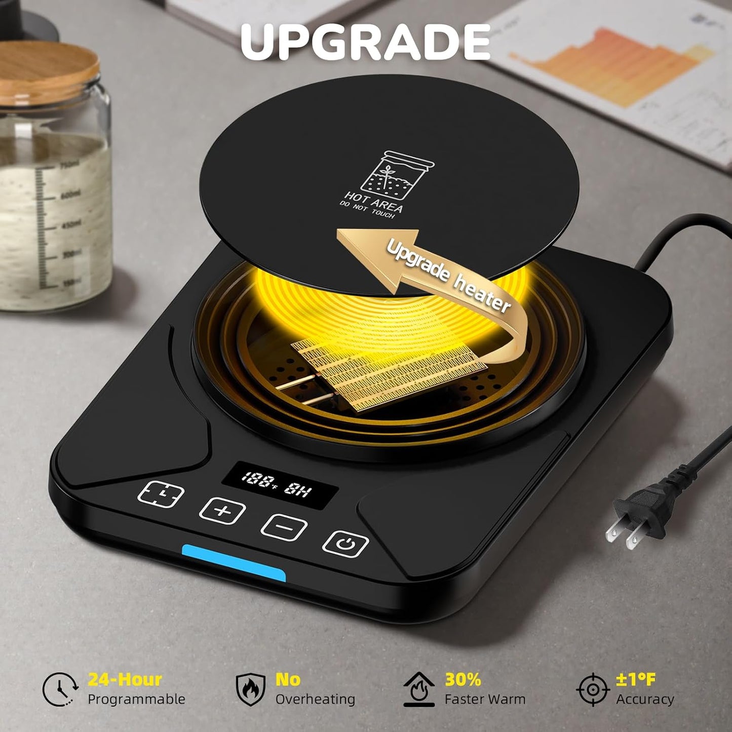 Sourdough Starter Warmer Mat - 24H Timer - Precise 1°F Thermostat Control (70-100°F) - Smart Memory Warming On/Off - Fits Jars Up to 40oz - Perfect for Home Baking (Black)