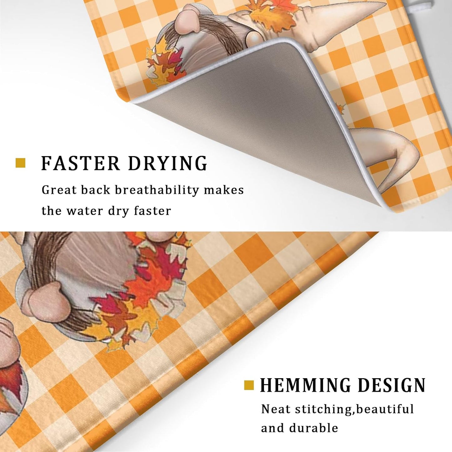 Fall Gnome Dish Drying Mat for Kitchen Autumn Pumpkin Maple Leaves Dishes Pad Orange White Check Plaids Dish Drainer Rack Mats Absorbent Fast Dry Counter Accessories 18x24inch Thanksgiving Day Decor