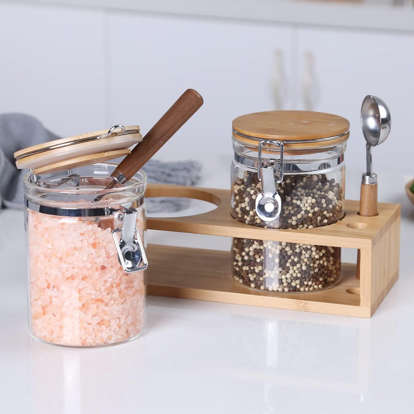 KKC HOME ACCENTS Sealed Glass Storage Jars with Scoops for Brown Sugar,Sea Salt,Flour,Ground Coffee,Beans,Loose Tea,Matcha,Glass Containers with Sealed Hinged Lids for Kitchen Counter,27 Fluid-oz