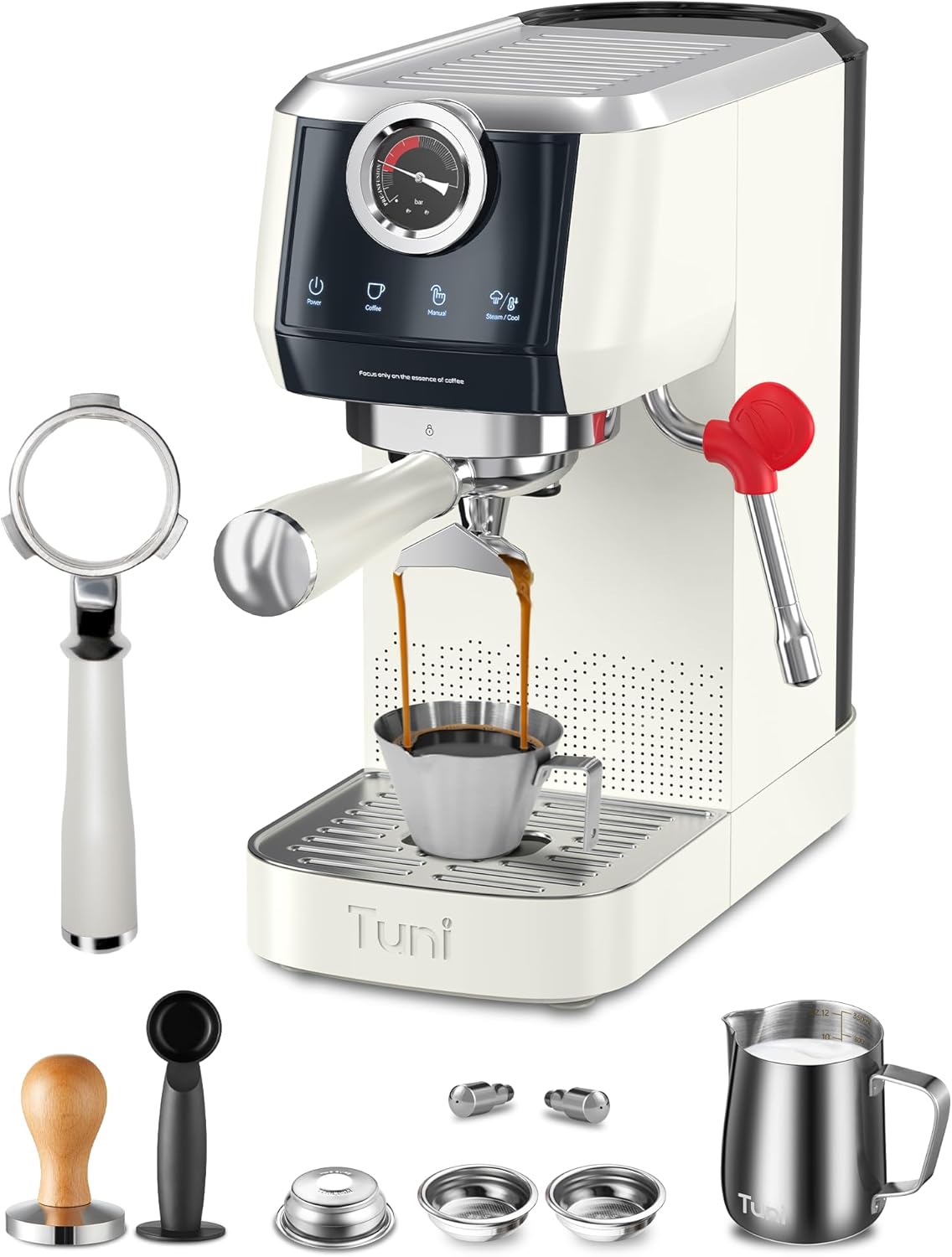 Tuni E2 𝑬𝒔𝒑𝒓𝒆𝒔𝒔𝒐 𝑴𝒂𝒄𝒉𝒊𝒏𝒆 with 𝑩𝒐𝒕𝒕𝒐𝒎𝒍𝒆𝒔𝒔 𝑷𝒐𝒓𝒕𝒂𝒇𝒊𝒍𝒕𝒆𝒓 Combo Set | 58mm 𝐃𝐮𝐚𝐥 𝐁𝐨𝐢𝐥𝐞𝐫 Coffee Maker | Professional Home Barista Kit | Gift for Coffee Lovers