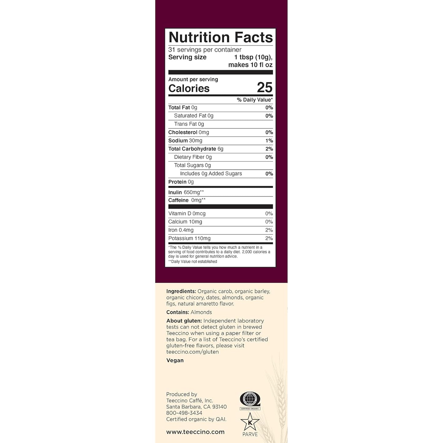 Teeccino Almond Amaretto Chicory Coffee Alternative - 11 Ounce - Ground Herbal Coffee That’s Prebiotic, Caffeine Free & Acid Free, Medium Roast