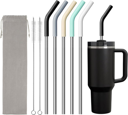Metal Straw for 40 oz Stanley Cup, Reusable Stainless Steel Straws with Silicone Tip for Simple Modern, Meoky 40oz Tumbler, 12" Extra Long Straws, Cleaning Brush, 1 Portable Bag