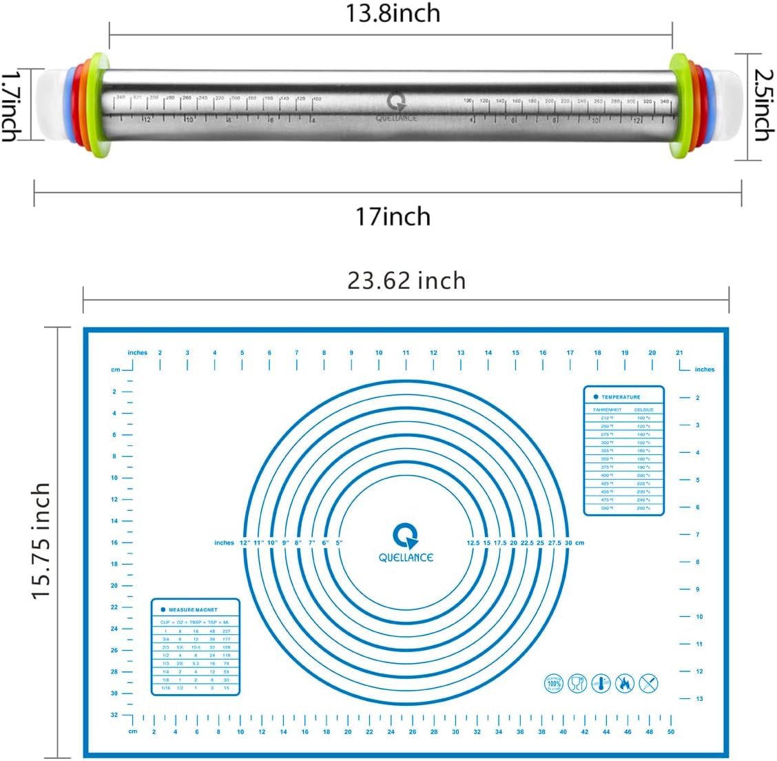 Rolling Pin and Pastry Baking Mat Set, Rolling Pins with Adjustable Thickness Rings, Stainless Steel Dough Roller for Baking Fondant, Pizza, Pie, Pastry, Pasta, Cookies (Blue)