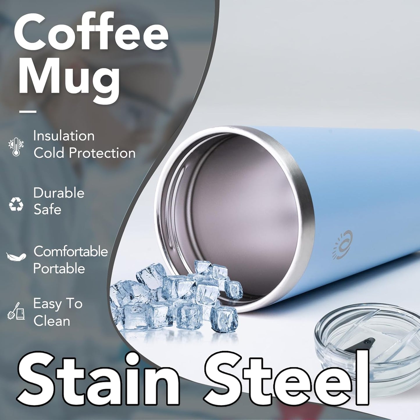 Insulated Coffee Mug with Lid, Reusable Stainless Steel Travel Coffee Cup, 16 Oz Double Wall Vacuum Spill Proof Tumbler Cups for Men and Women Hot & Cold Drinks（Light Blue）