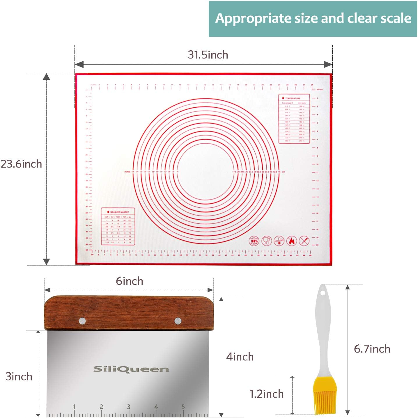 Silicone Pastry Baking Mat with Measurements Extra a Brush and a Dough Scraper - 31.5” x 23.6” Heat Resistant, BPA Free, Non-Stick Non-Slip Pastry Mat for Rolling Dough - Easy to Clean, Red