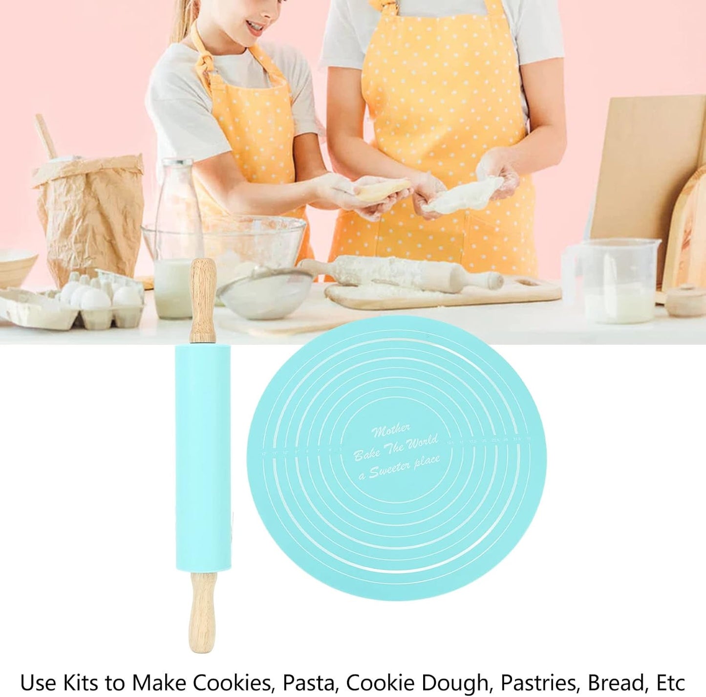 Large Silicone Rolling Pin Pastry Baking Mat Set for Kitchen (Blue)