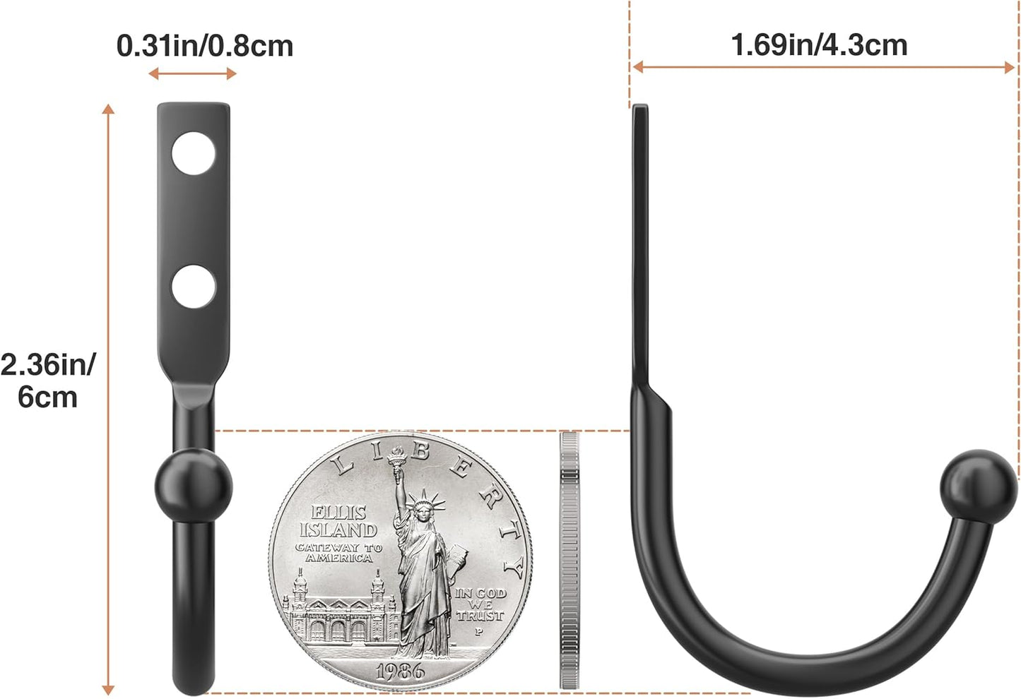 6 Pack Wall Hooks，Metal Hooks Hold up to 45 Lbs，Hooks Wall Mount for Hanging Towel/Coat/Bag/Keys/Cups，Ideal for Bathroom，Outdoor，Closet，Kitchen，Garage，Black