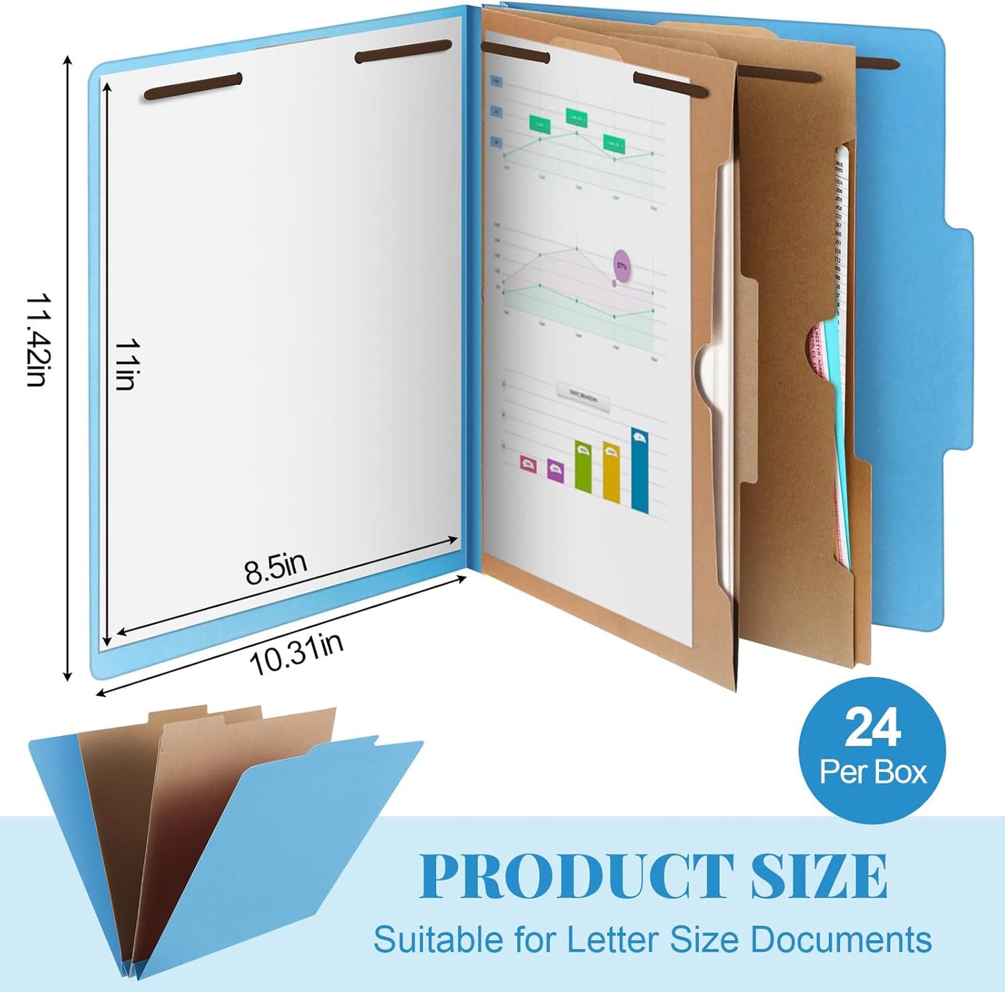24 Pcs Classification Folders Letter Size, Back to School Supply for Teacher, Student, 2 Pocket Dividers Pressboard File Folder Bulk with 2 Fasteners, 2 in Expanding File Organizer (Blue)