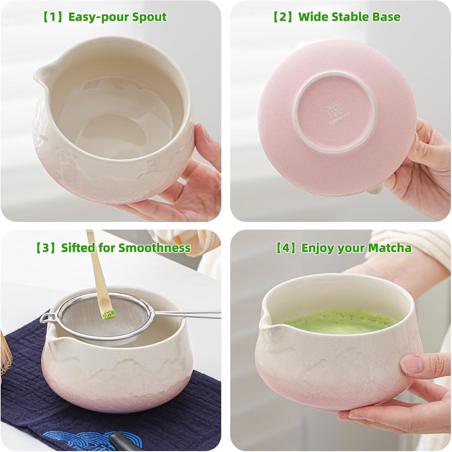 TEANAGOO 7 Pcs Matcha Whisk Set, Pink Matcha Set, Ceremony Matcha Powder Kit,Matcha Tea Set for Making Latte,Matcha Whisk Set and Bowl with Scoop&Sifter,Fuji Design Ceramic Bowl,Gift for Matcha Lovers