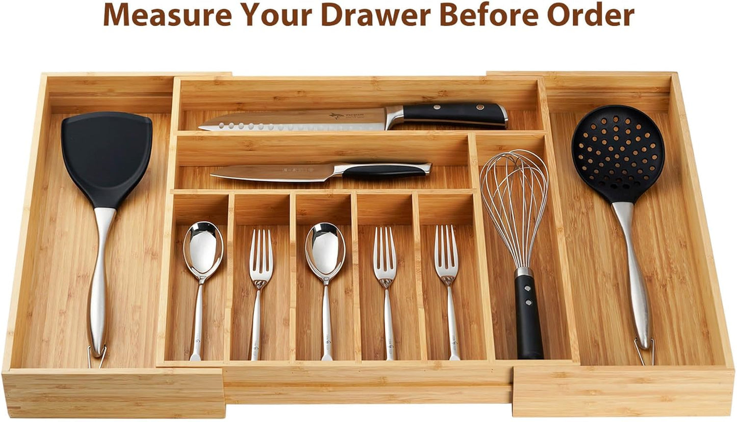 Umilife Extra Large Expandable Kitchen Siverware Utensils Drawer Organizer, 19" Deep for Big Drawer, Adjustable Bamboo Wood Drawer Divider with Curved Grooves, Cutlery Tray Flatware Holder