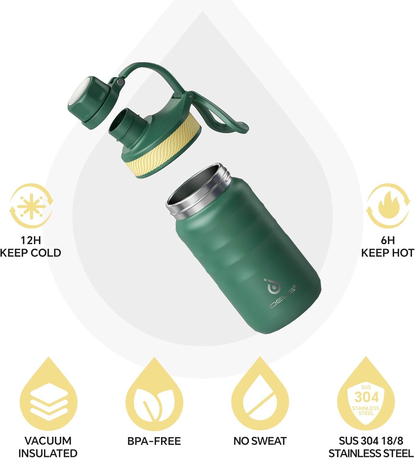 IDEUS Insulated Water Bottle 12oz, Stainless Steel Insulated Water Bottle For School, Insulated Bottles With Straws Leakproof, Vacuum Double Wall Water Bottles For Boys And Girls With 2 Lids, BPA Free