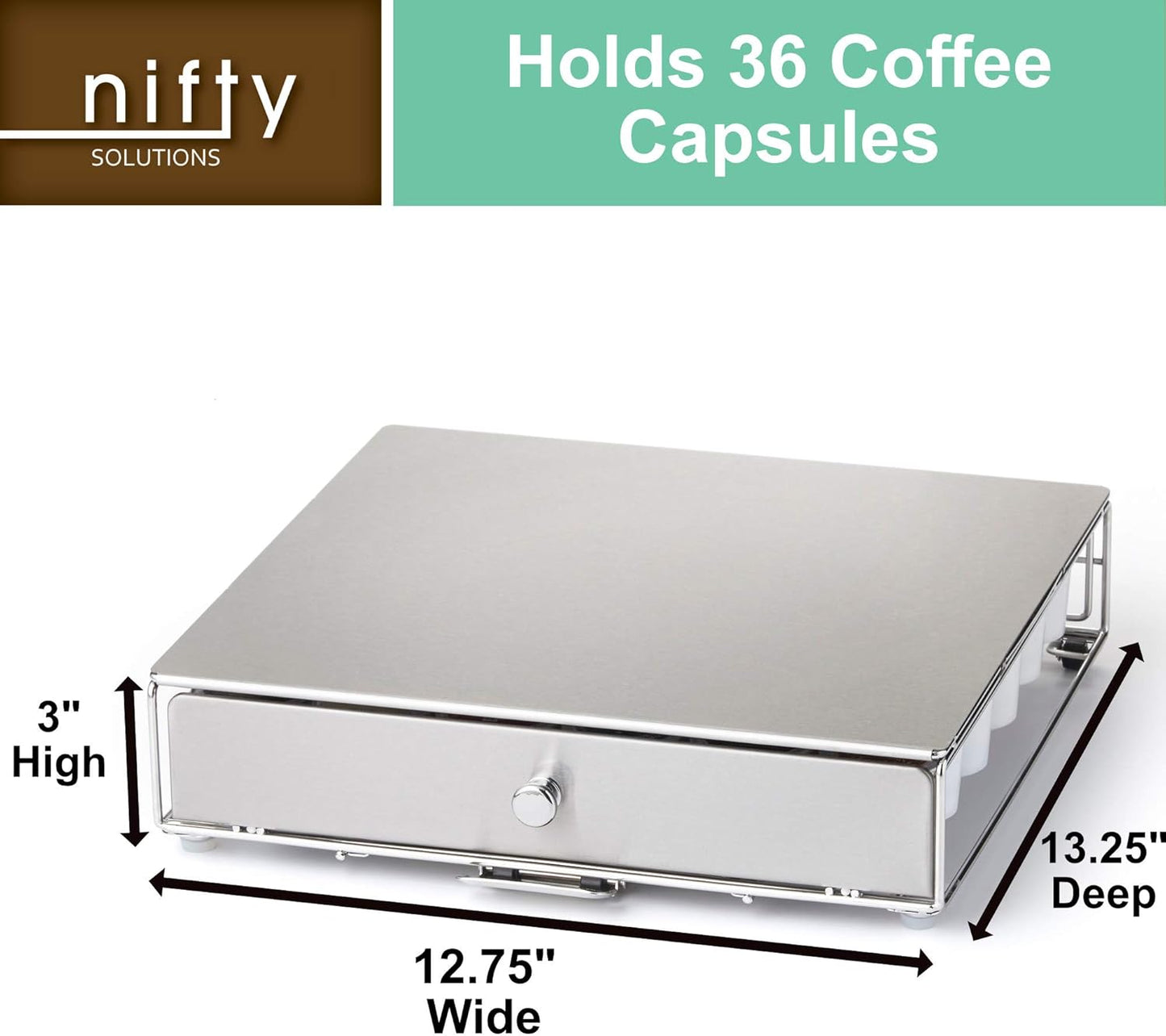Nifty Coffee Pod Drawer – Stainless-Steel, Compatible with K-Cups, 36 Pod Pack Holder, Rolling Drawer, Under Coffee Pot Storage Sliding Drawer, Home Kitchen Counter Organizer
