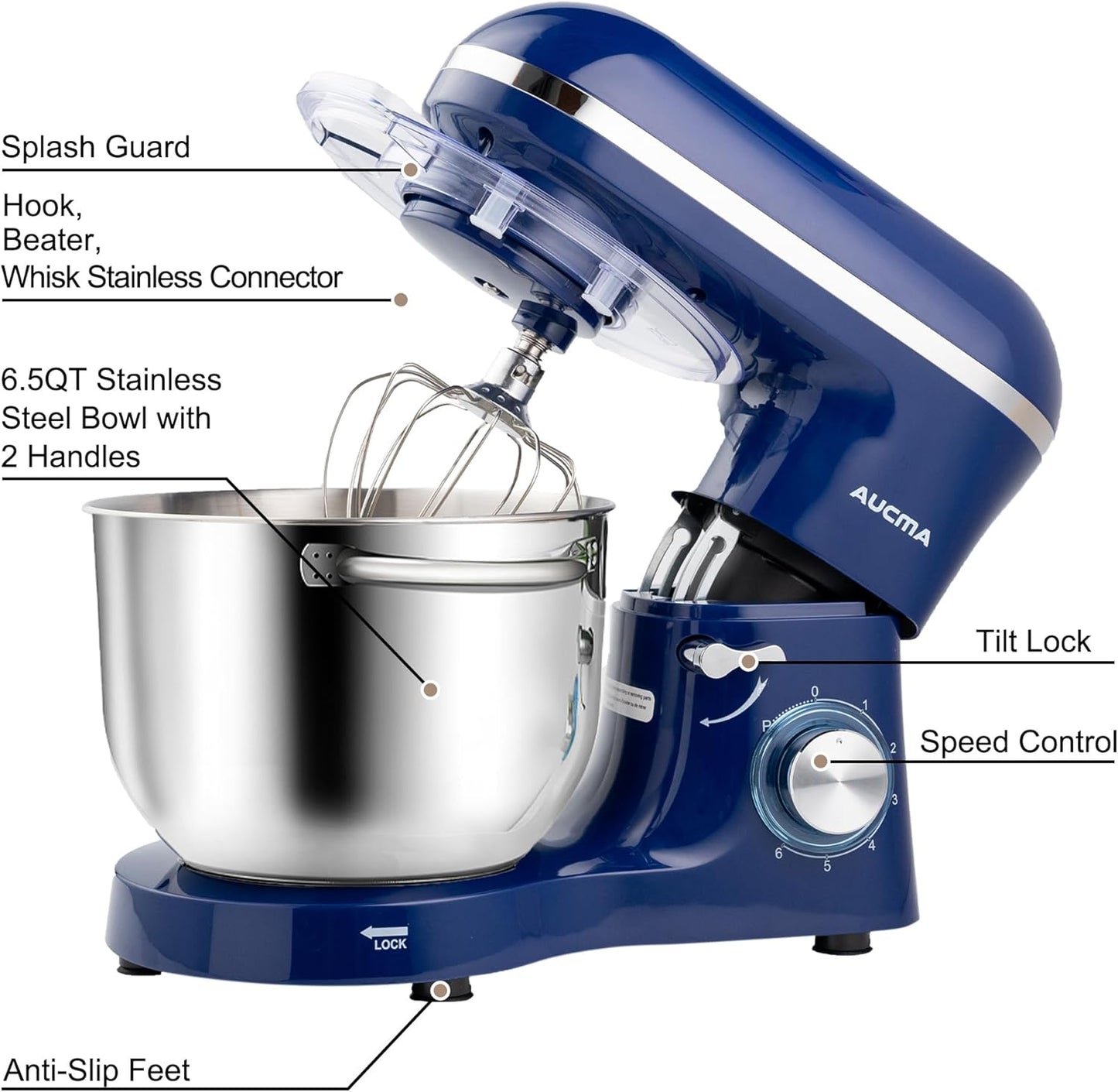 Aucma Stand Mixer,6.5-QT 660W 6-Speed Tilt-Head Food Mixer, Kitchen Electric Mixer with Dough Hook, Wire Whip & Beater (6.5QT, Royal Blue)
