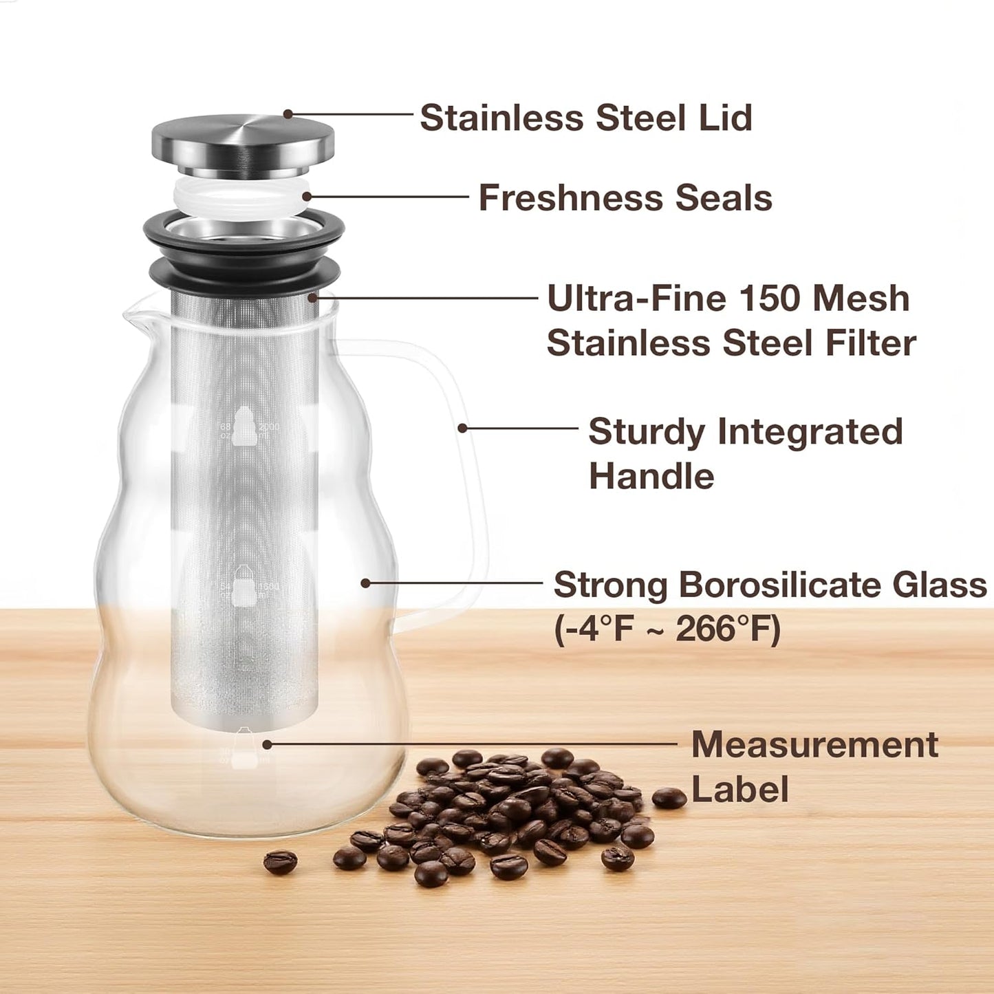 TRINIDa Cold Brew Pitcher, 2000ml/67oz High Borosilicate Glass, -4°F to 266°F, Stainless Steel 150 Mesh, Easy Clean, Family Size, Glass Pitcher, Ideal coffee gifts, Cold Brew Coffee Maker