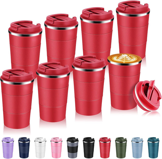 Volhoply 13 oz Stainless Steel Insulated Travel Coffee Mug with Fip Lid Bulk 8 Pack,Reusable Double Wall Vacuum Metal Coffee Cup,Portable Leak Proof Thermal Tumbler for Hot & Cold Drinks(Red,8)