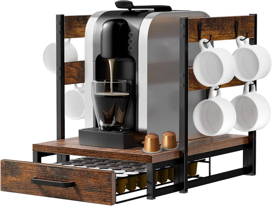 Coffee Pod Drawer Compatible with Nespresso Original Line, 63 Pods Coffee Organizer with Cup Holder, Durable Coffee Maker Stand with Storage Drawer, Rustic Brown