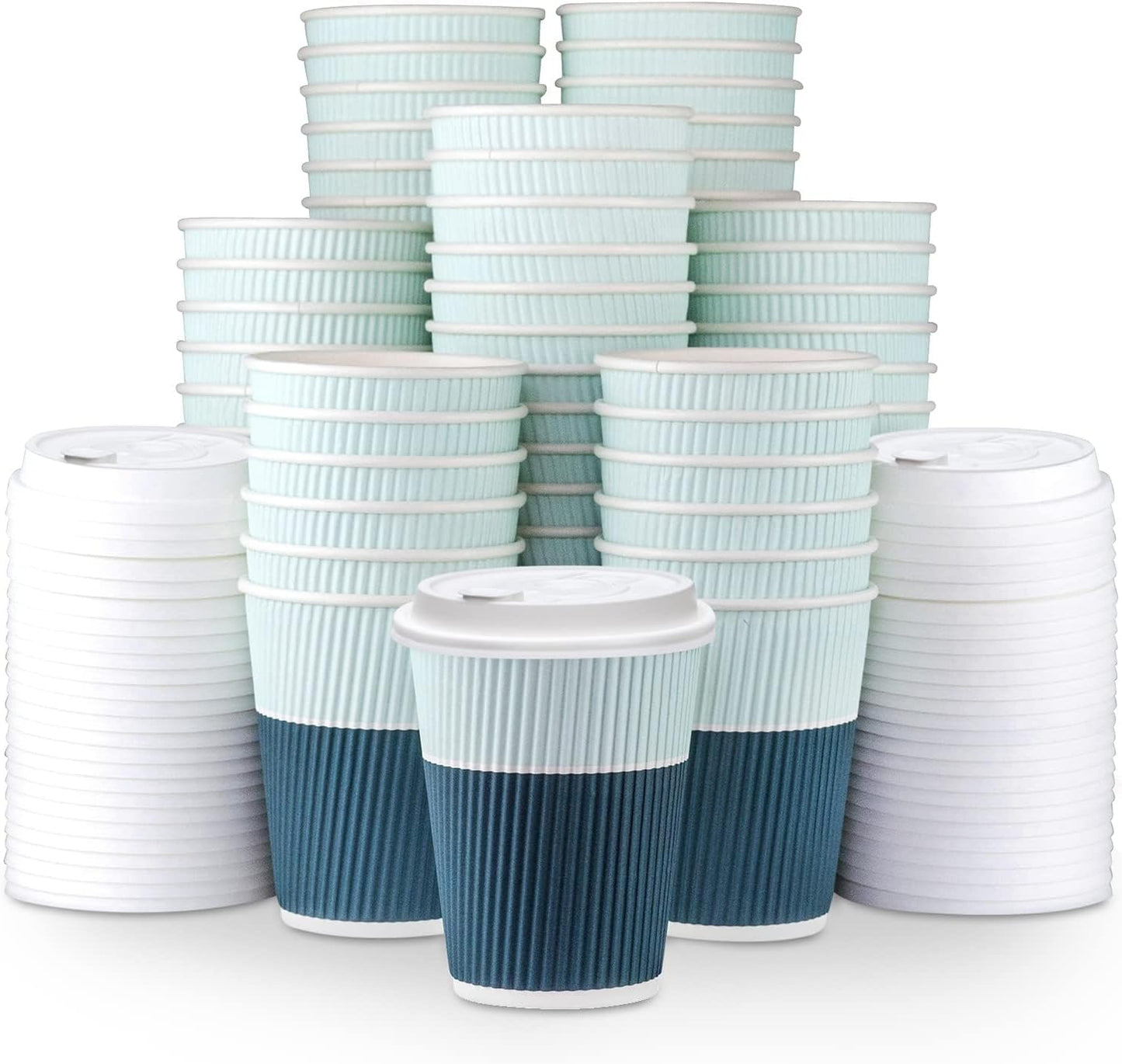 Disposable Coffee Cups With Lids - 12 oz To Go Coffee Cups (80 Set) With Sturdy Lids Prevent Leaks! Paper Hot Cup Holds Shape With Hot, Cold Drinks. Ripple Cups Protect Fingers from Heat!