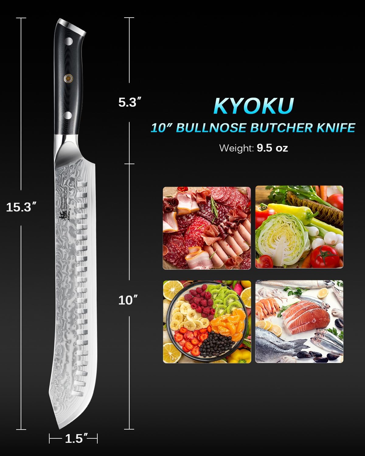 KYOKU Gin Series 10" Bullnose Butcher Knife for Meat Cutting With Silver PVD Coating - Japanese VG10 Steel for Professional Chefs & Home Cooks, Commercial & Home Kitchen