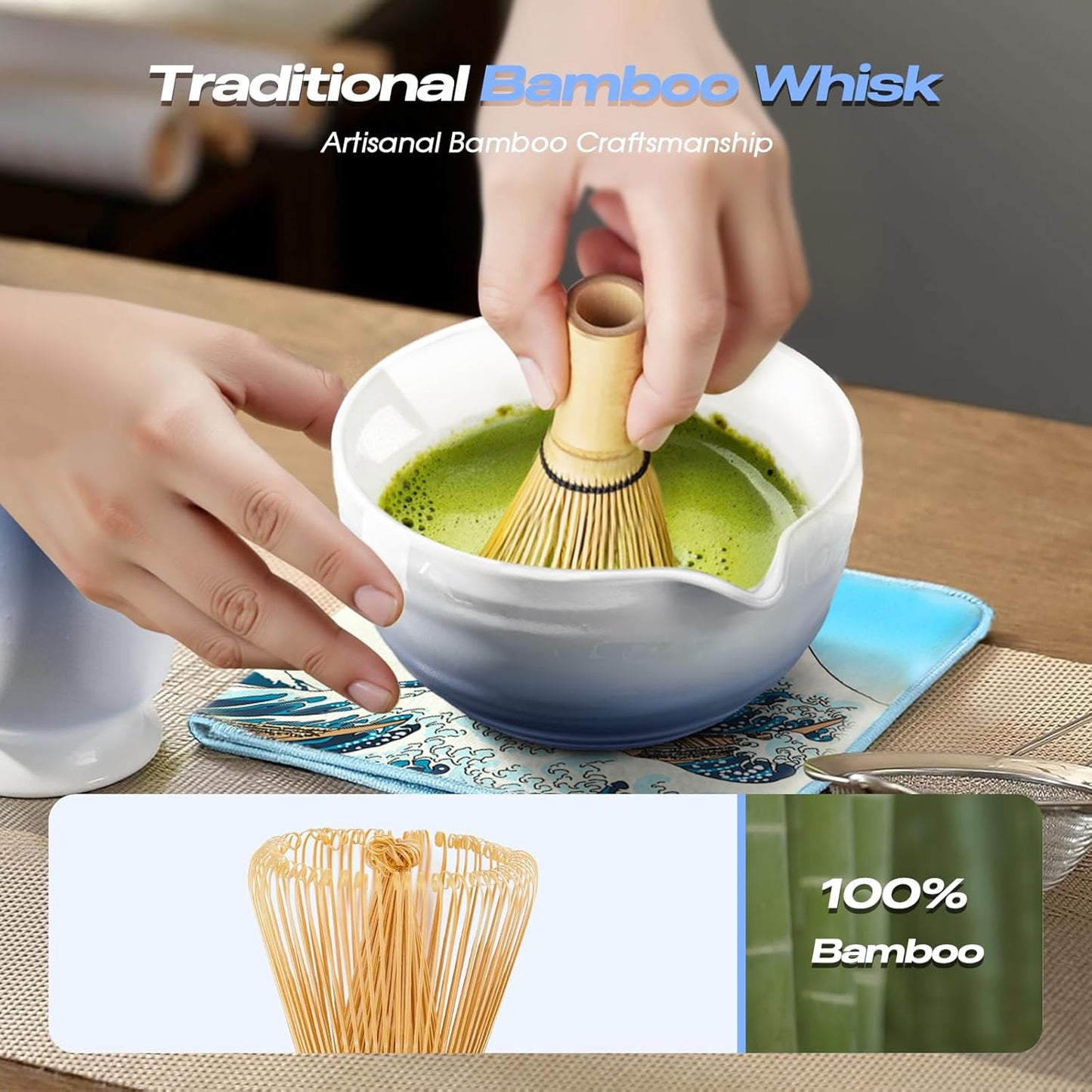 Matcha Whisk Set - 8 Pcs Tea Set with Bamboo Whisk and Holder, Ceramic Bowl, Bamboo Scoop and Spoon,Scoop Rest, Sifter & Tea Towel, Japanese Home Matcha Kit for Authentic Ceremony (Blue)