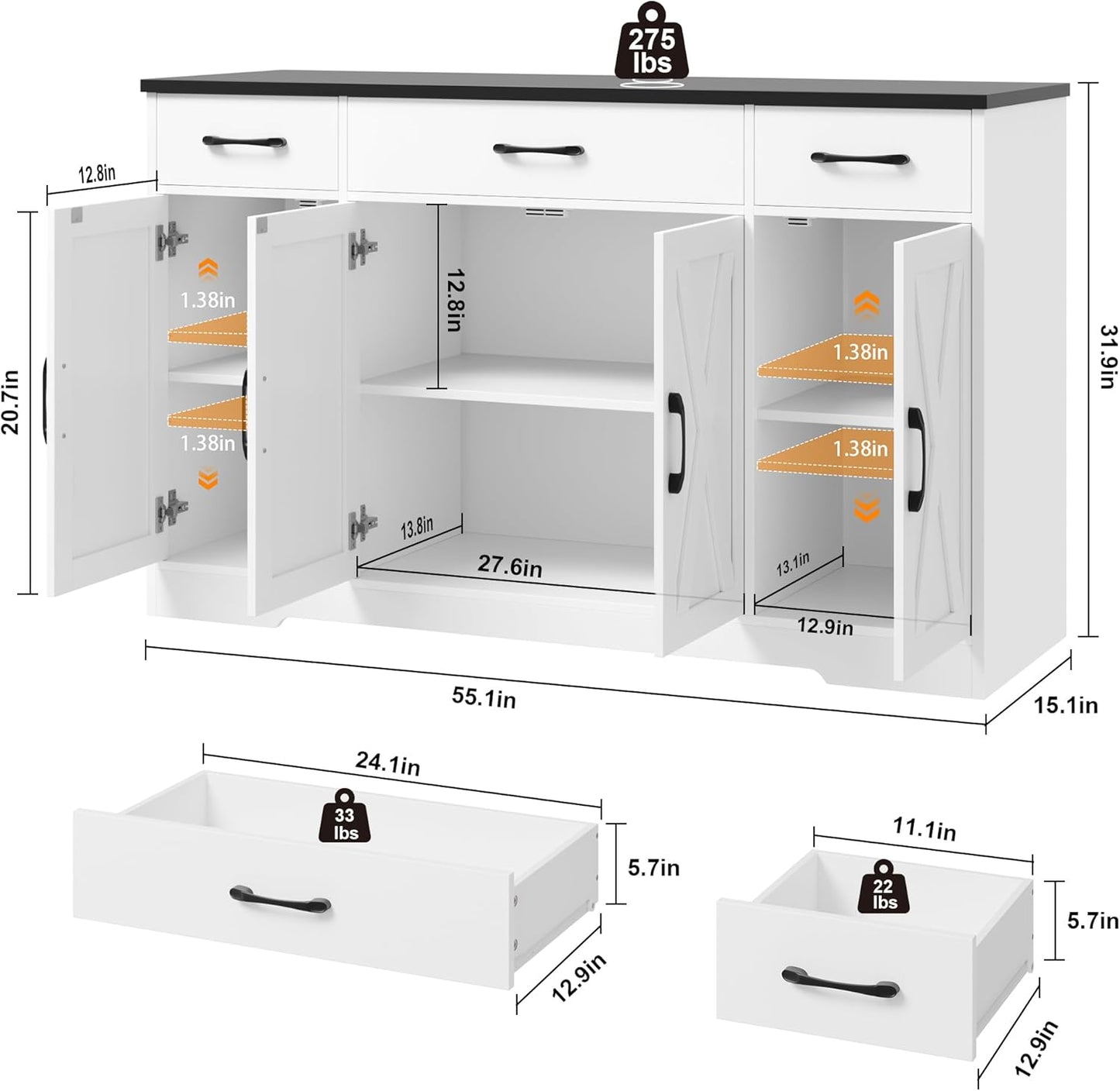 HOSTACK Buffet Sideboard Cabinet with Drawers, 55" Large Buffet Storage Cabinet with Shelves and Doors, Modern Farmhouse Coffee Bar Station Wood Kitchen Table for Kitchen, Dining Room, White/Black
