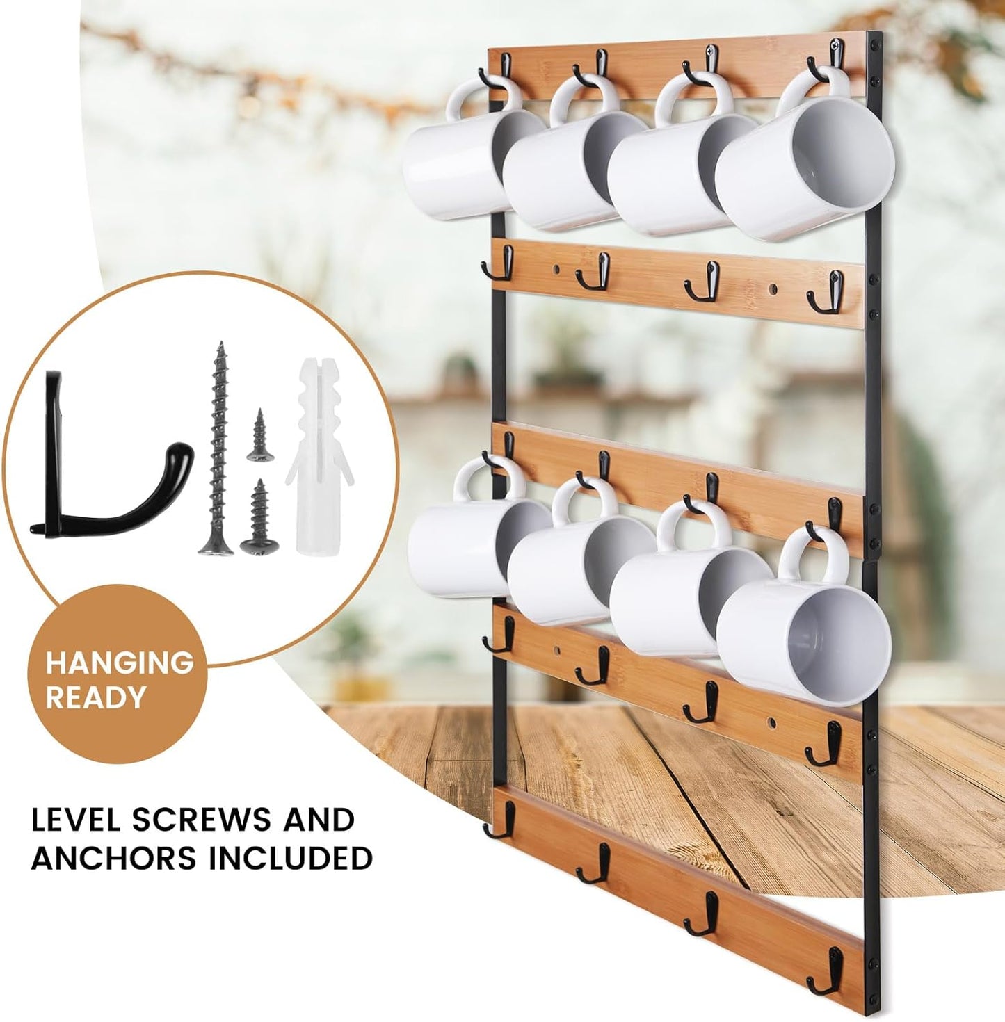 Wall Mounted Coffee Mug Holder, Large 5 Tier Shelf with 20 Hooks for Cups, Rustic Wooden Display Rack for Kitchens, Homes and Bars (Bamboo) ﻿