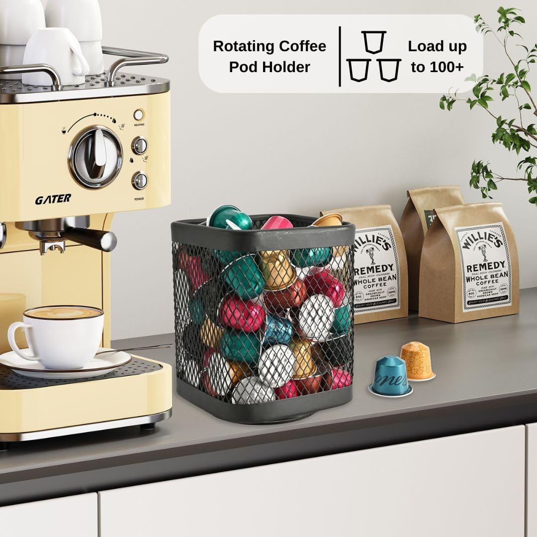 IBERG Rotating Utensil Holder & Coffee Pod Basket - 360° Spinning Base Mesh Metal Organizer for Kitchen Tools (Black Square)
