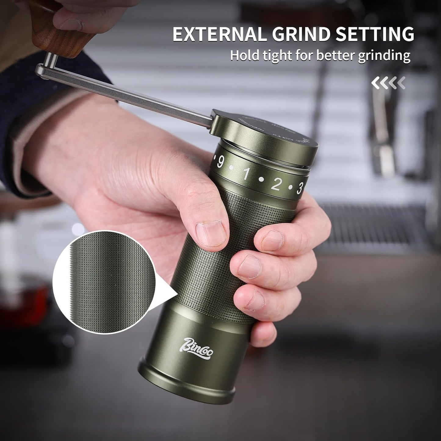 Bincoo Manual Coffee Grinder with Foldable Handle– External Setting Hand Coffee Grinder with Steel Burr,Compact and Portable for Home/Travel/Camping(Green)