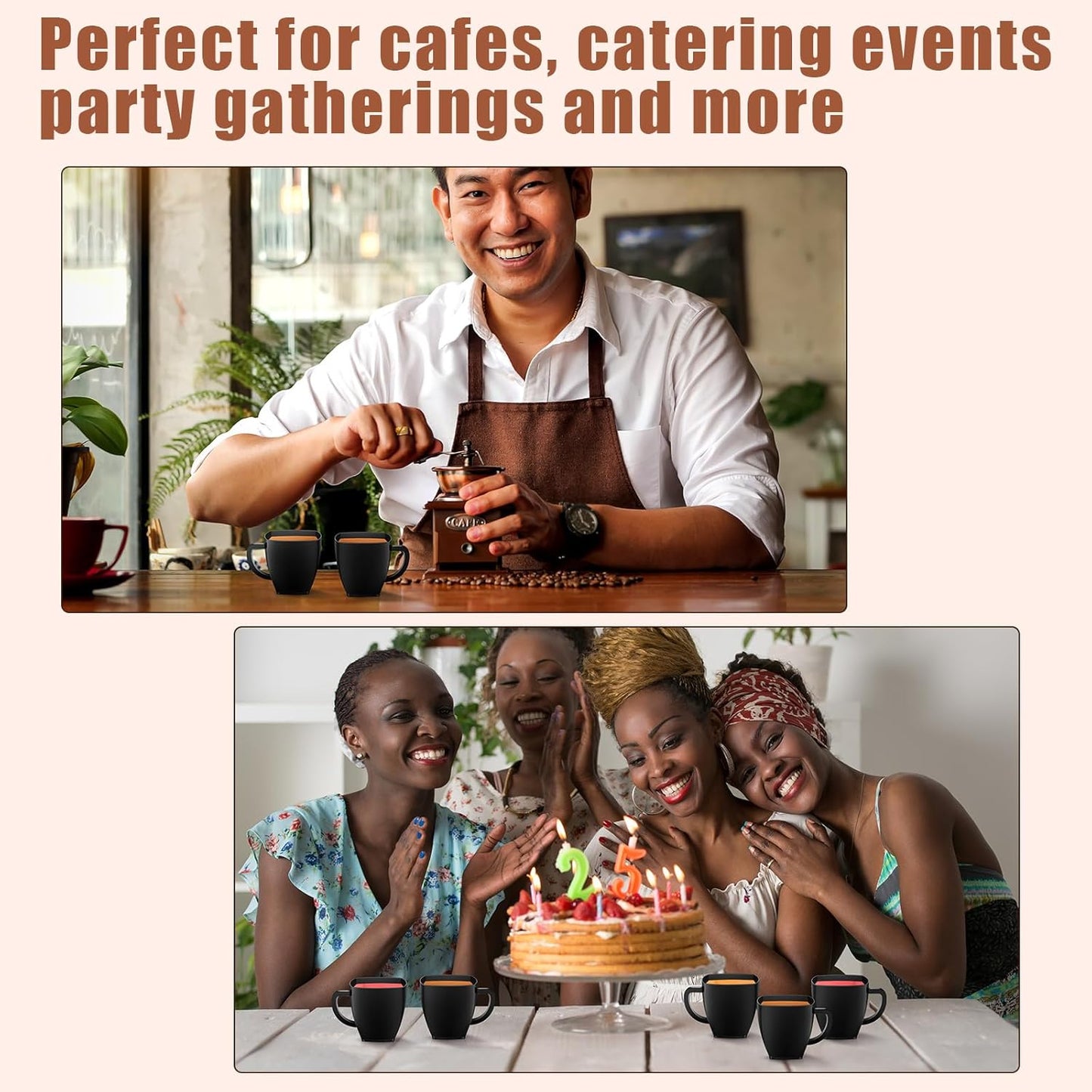 Amyhill 50 Pcs Disposable Tea Cups Mini Plastic Tea Cup Bulk with Handle Hard Plastic Coffee Mug Disposable Square Espresso Mug for Party Catering (Black)