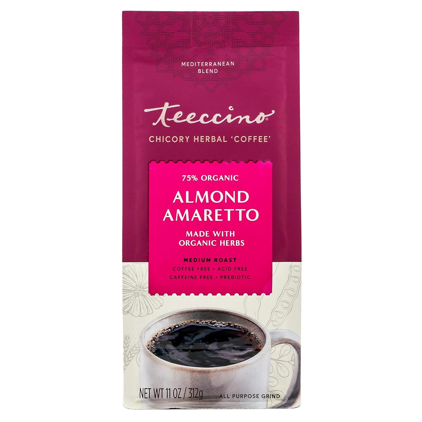 Teeccino Almond Amaretto Chicory Coffee Alternative - 11 Ounce - Ground Herbal Coffee That’s Prebiotic, Caffeine Free & Acid Free, Medium Roast
