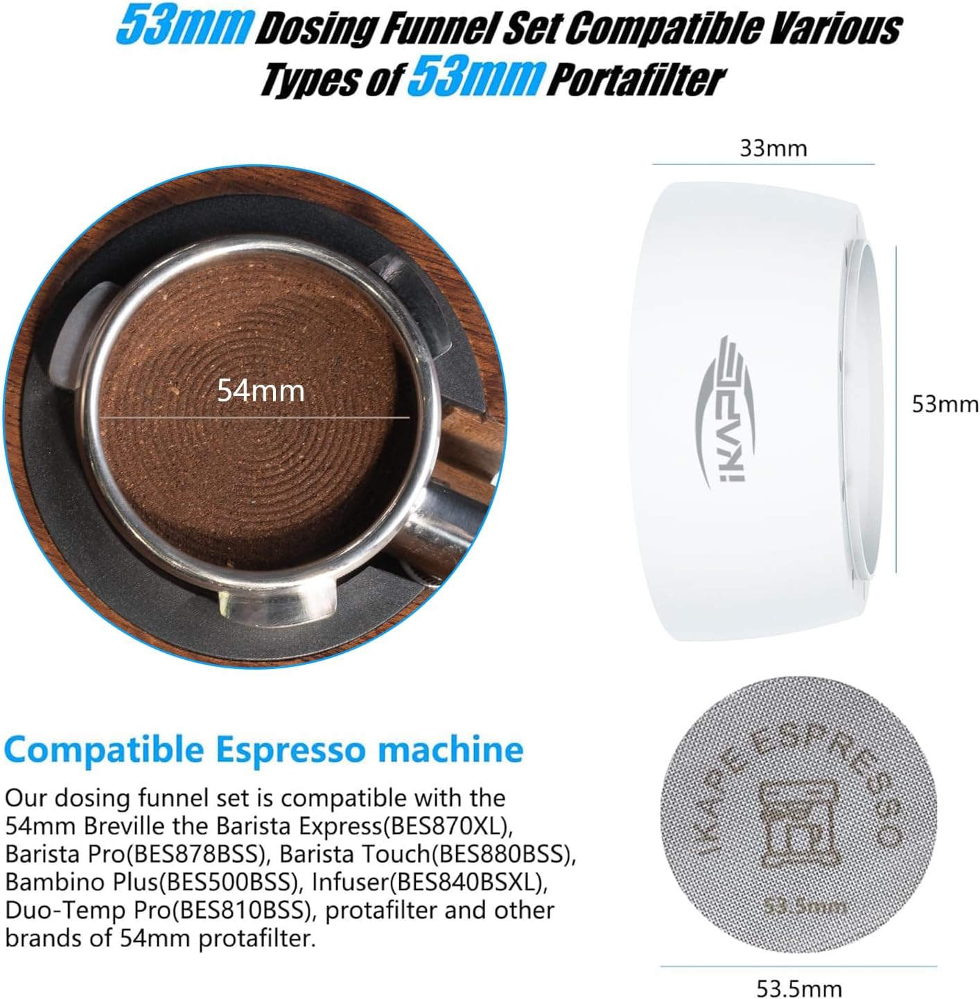 IKAPE Magnetic Dosing Funnel Set, 53MM Espresso Dosing Ring & Puck Screen Kit Compatible with Delonghi 54MM Bottomless Portafilter - with 8 Small Magnet (White)