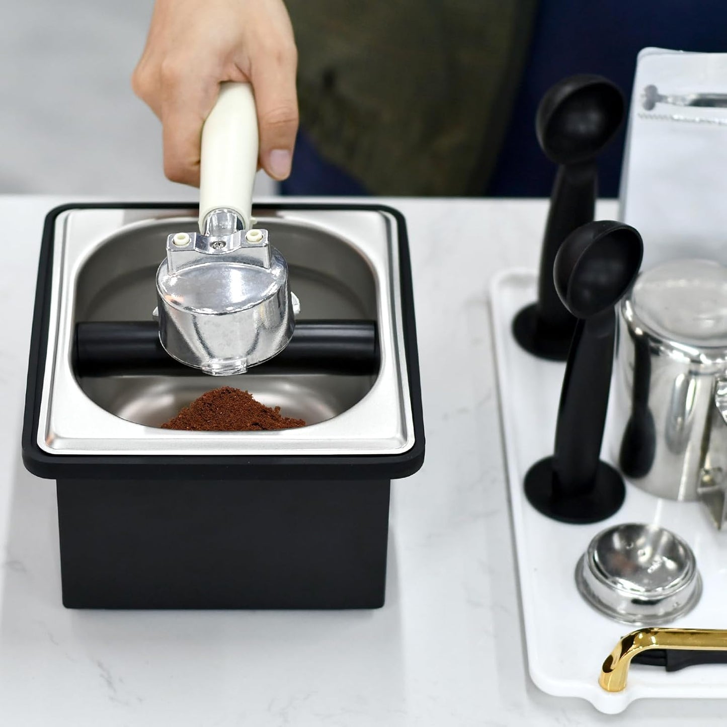 Espresso Knock Box, Stainless Steel Coffee Knock Box Large Capacity Coffee Pucks Container Espresso Machine Tool for Coffee Ground (Small)