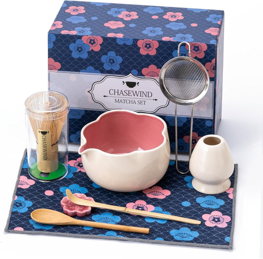 Matcha Whisk Set, 8Pcs Floral Ceramic Matcha Set with Matcha Whisk, Holder, Scoop, Scoop Rest, Sifter, Spoon and Tea Towel - Thoughtful Matcha Whisk Gift for Matcha Lovers (Beige & Pink)
