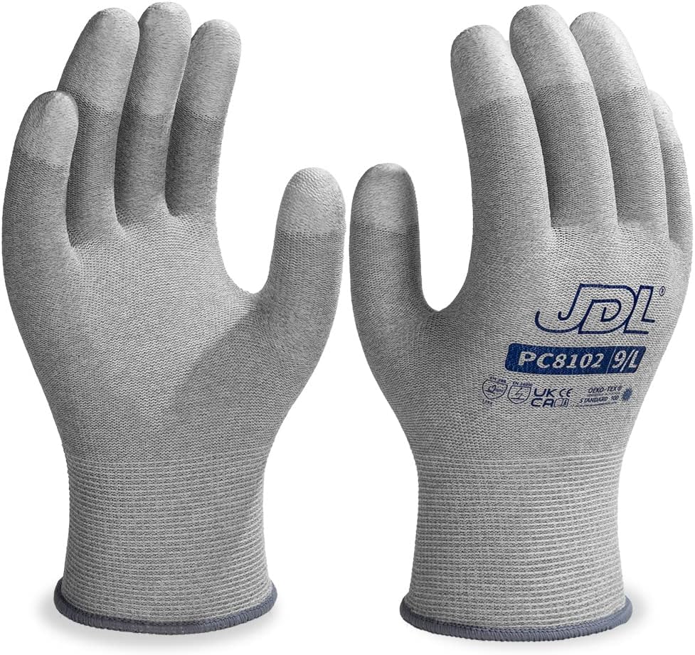 JDL ESD Work Gloves, Anti-Static Gloves for PC Building, 36 pairs, Computer Installation & Repair, High Resistance Carbon Fiber Gloves, Large