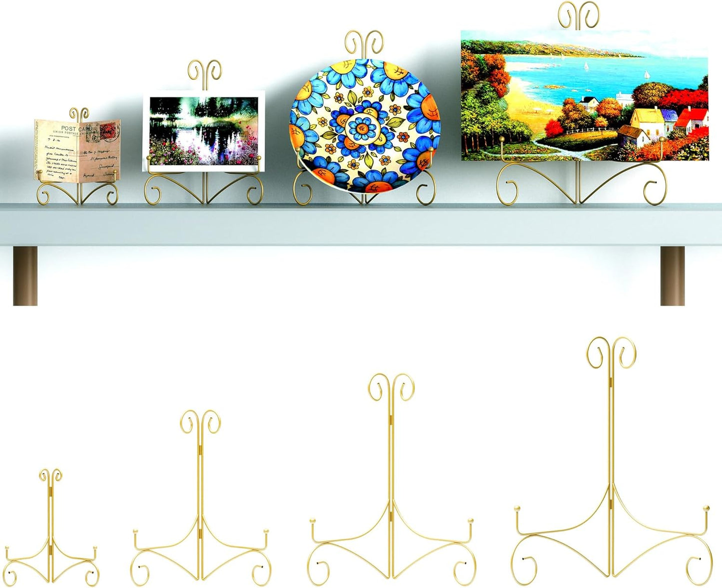 Plate Stand for Display with Hinged Folding Design, 6 Inch Picture Stands for Tables, Small Easels for Displaying Book, Art Piece, Photo and Platter, 6’’ Gold, 2-Pack