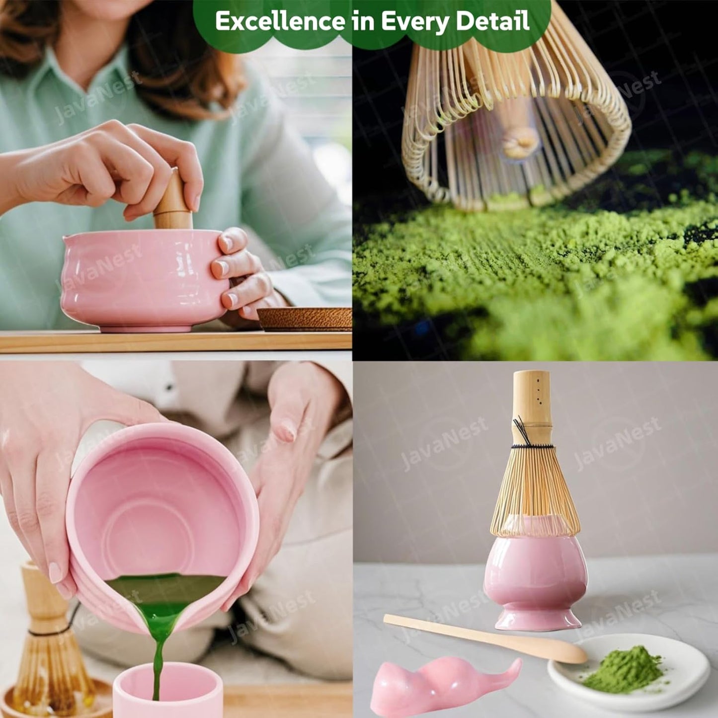 7-Piece Matcha Tea Set with Gift Card – 120-Prong Bamboo Whisk, Ceramic Bowl with Spout, Whisk Holder, Scoop, Spoon, Strainer & Scoop Holder – Ideal Gift for Matcha Lovers (Pink)