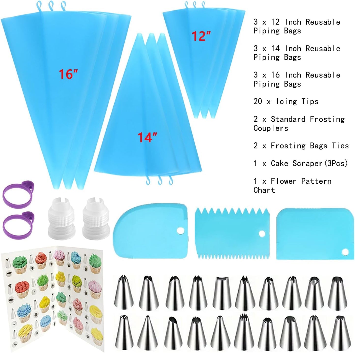 Reusable Piping Bags and Tips Set - Silicone Pastry Bags 3X (12’’+14’’+16’’) with Icing & Frosting Tips for Cake Decorating, Cupcakes, Cookies, Deviled Eggs, and Baking Accessories, Baking Tools Kit