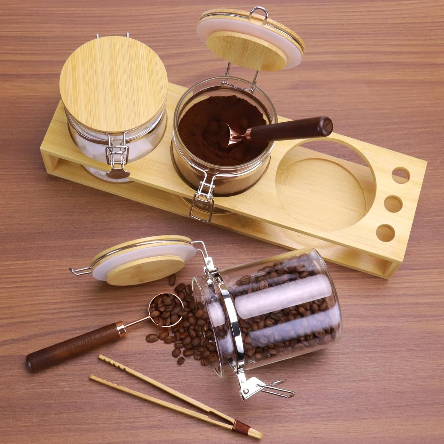 Glass Coffee Sugar Storage Jars with Bamboo Shelf and Spoon for Kitchen Counter,Sealed Glass Containers for Loose Leaf Tea,Coffee Bean,Ground Coffee,Brown Sugar,27 Fluid-oz