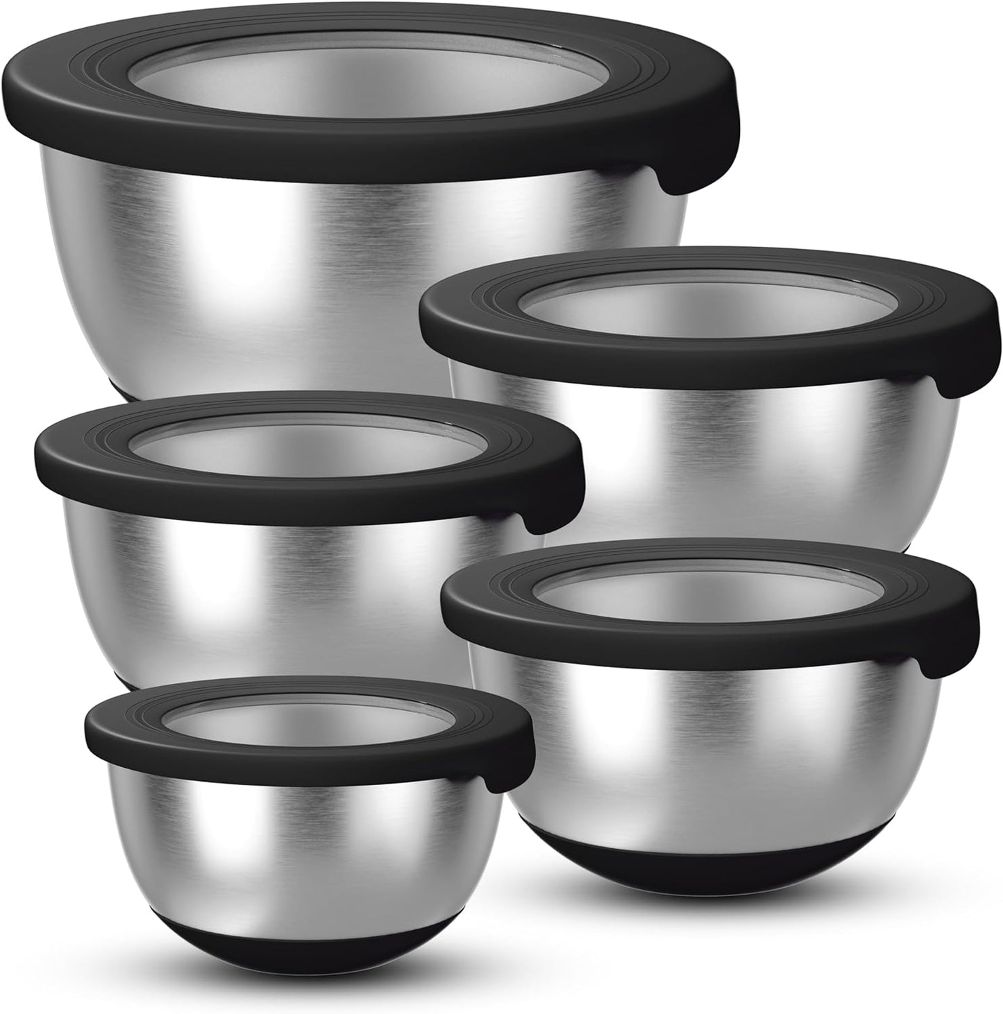 Stainless Steel Mixing Bowls with Lids – Set of 5 Large Nesting Metal Bowls for Kitchen, Baking, Cooking, Food Prep & Storage, Non-Slip Base, Dishwasher Safe,Black