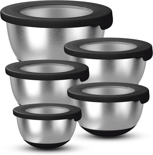 Stainless Steel Mixing Bowls with Lids – Set of 5 Large Nesting Metal Bowls for Kitchen, Baking, Cooking, Food Prep & Storage, Non-Slip Base, Dishwasher Safe,Black