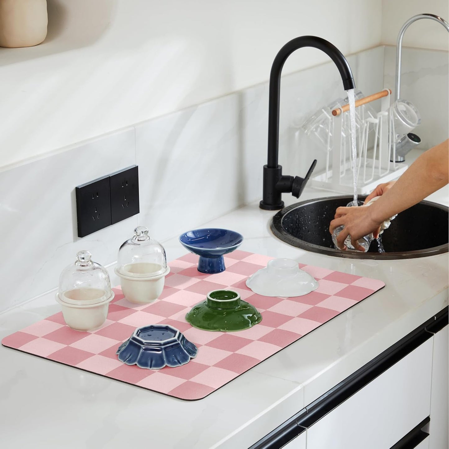 Checkered Dish Drying Mat for Kitchen Counter, Coffee Bar Station Accessories, Retro Cute Girly Pink Aesthetic Modern Absorbent Drainer Mat Kitchen Drying Mat Easy Clean, Coral 12" x 19"