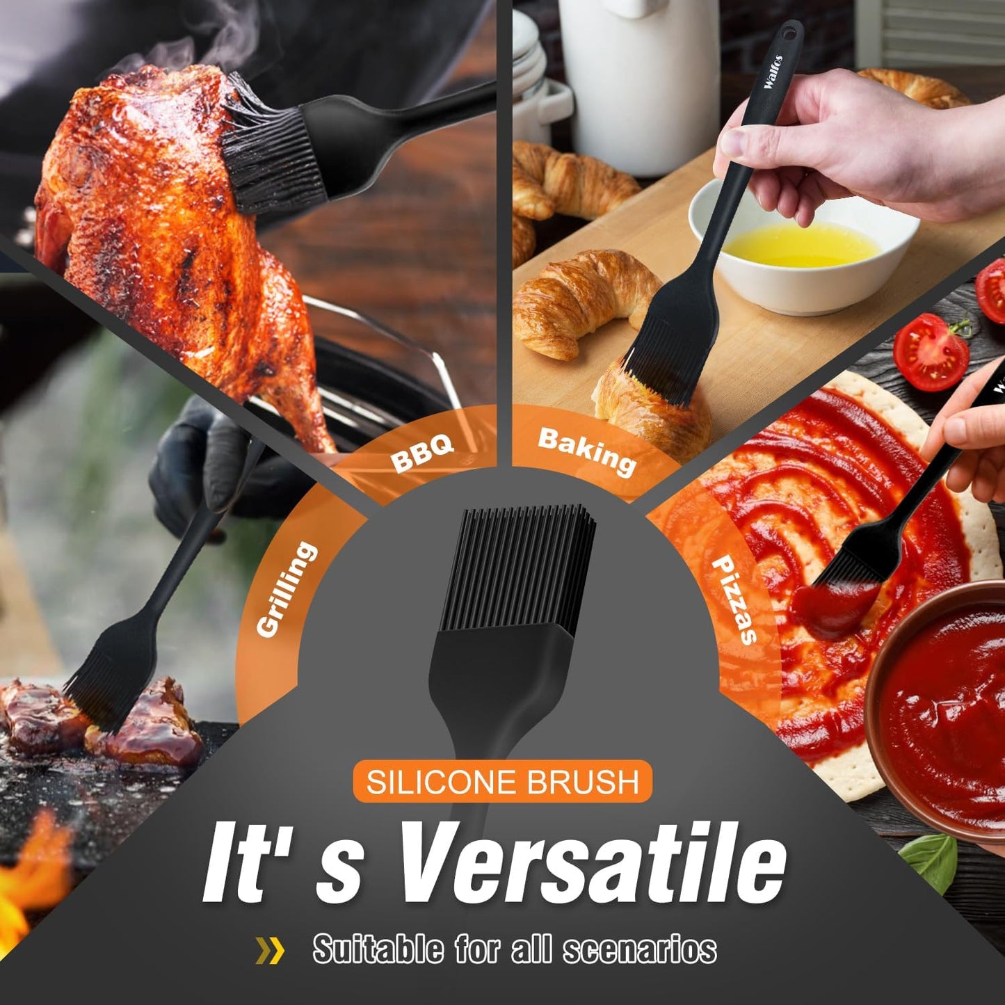 Walfos BBQ Gloves - 500°F Heat Resistant Grilling Gloves Set with Meat shredding Claws & Silicone Brush, Non-Slip Kitchen Silicone Oven Mitt, for Barbecue, Cooking, Baking, Cutting, Black