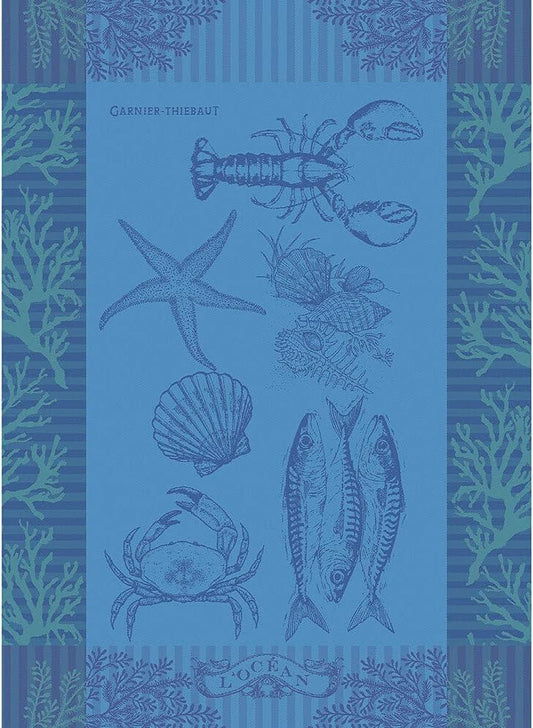 Garnier Thiebaut L'Ocean Bleu (The Blue Ocean) French Kitchen Towel 22"x30", Cotton, Jacquard