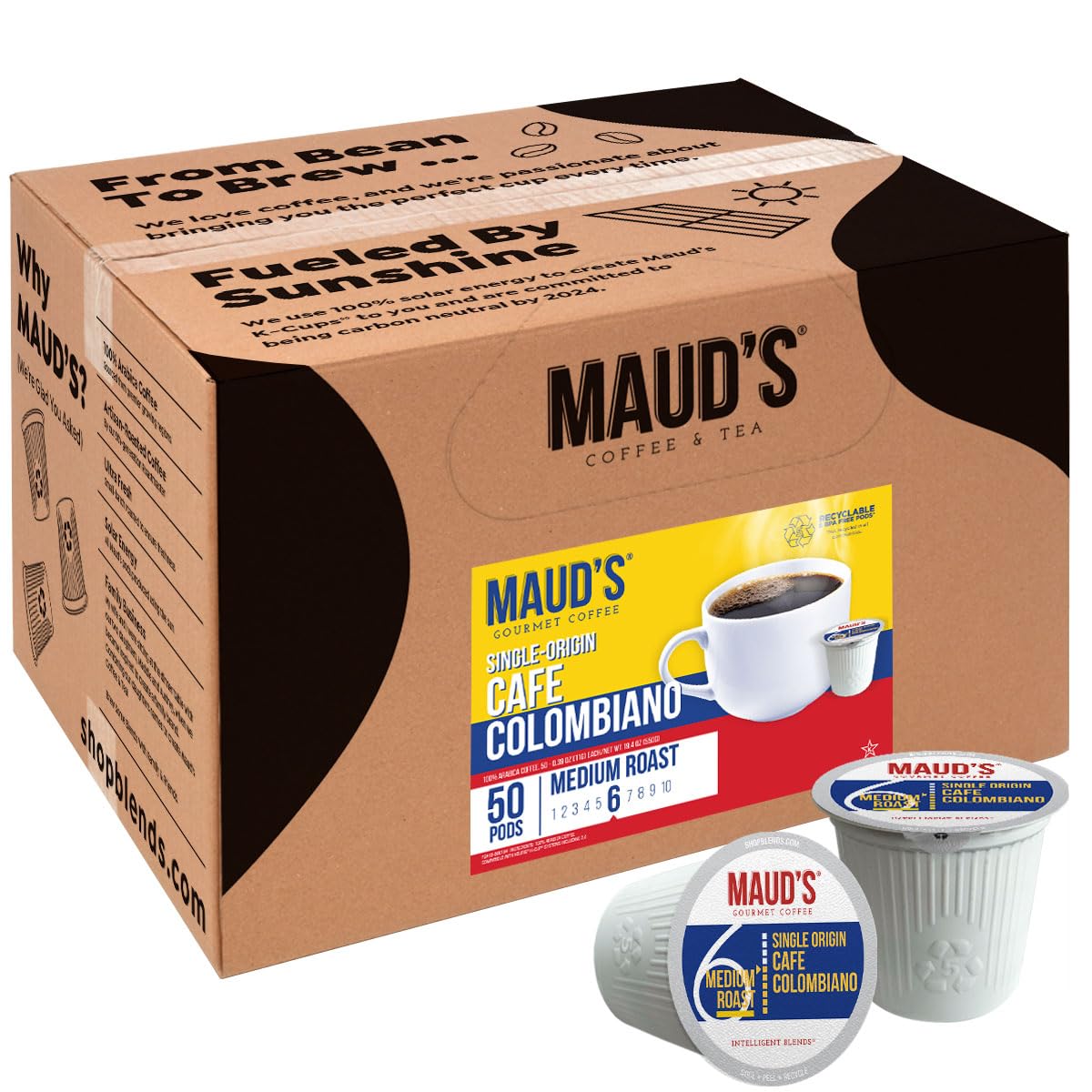Maud's Columbian Coffee Pods, 50 ct, Single Origin, Medium Roast Coffee in Recyclable Single Serve Pods – 100% Arabica Coffee, Compatible with Keurig K Cups Maker