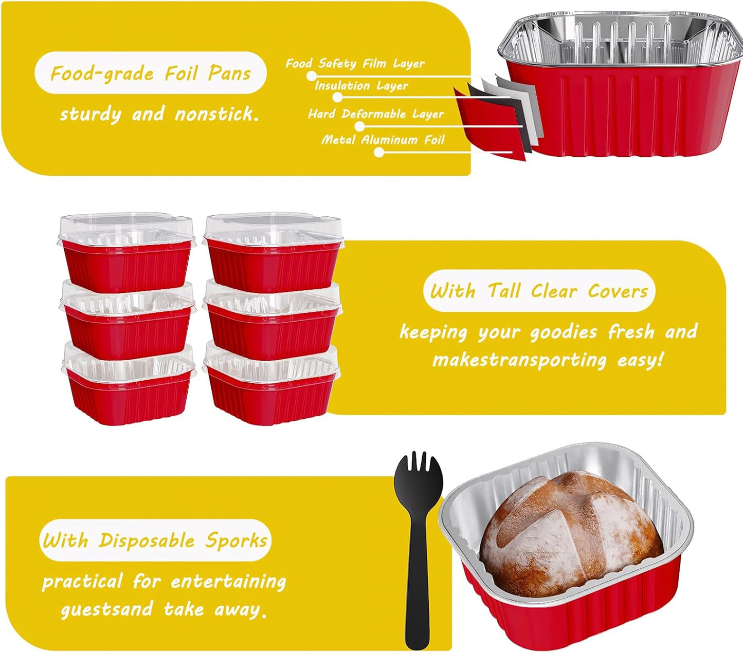 25 Pack Square Mini Cake Pans with Lids,Mini Loaf Pans with Lids,Aluminum Foil Baking Cups,Disposable Ramekins Cupcake Cups,Dessert Cups for Wedding Birthday Party Picnics,5oz (Red)