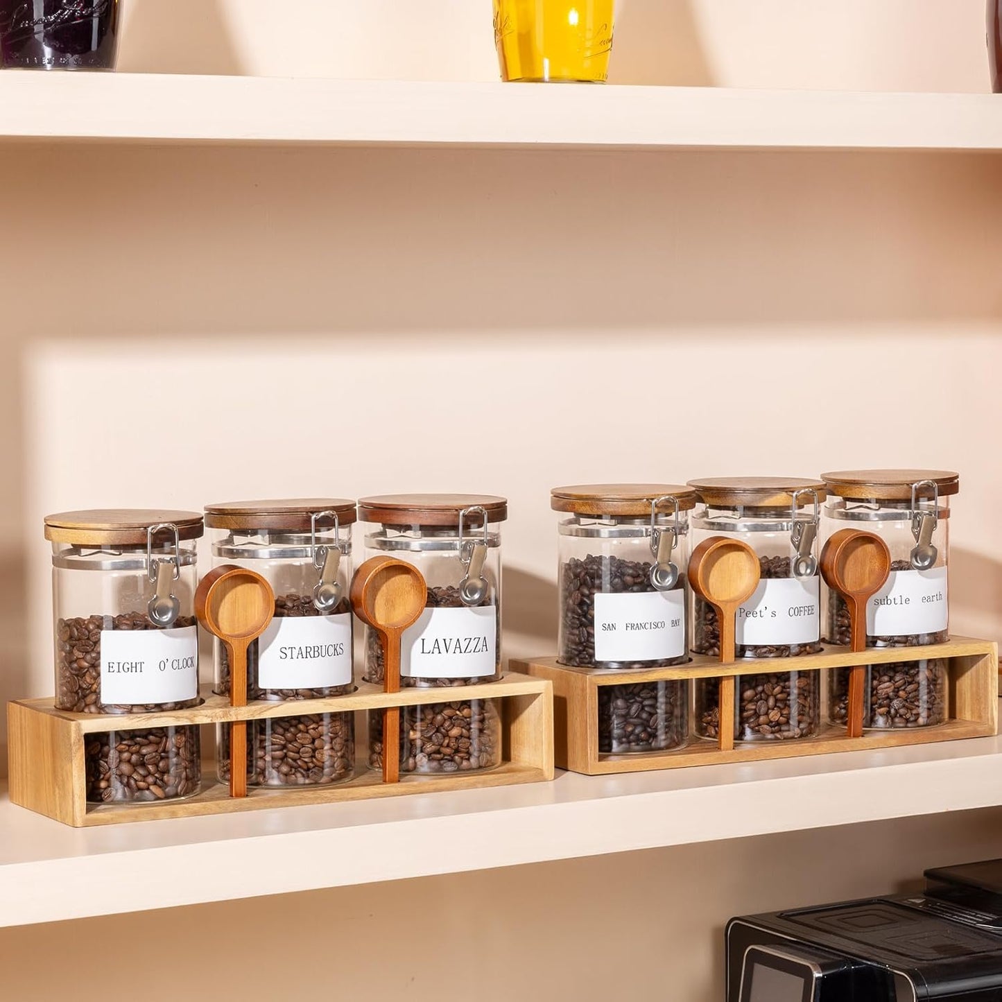 Yangbaga Glass Sugar Coffee Canister with Shelf, 3 x 45OZ Coffee Bean Containers Storage Station Organizer with Airtight Locking Clamp and Log Coffee Scoop, Food Storage Canisters Sets for Kitchen