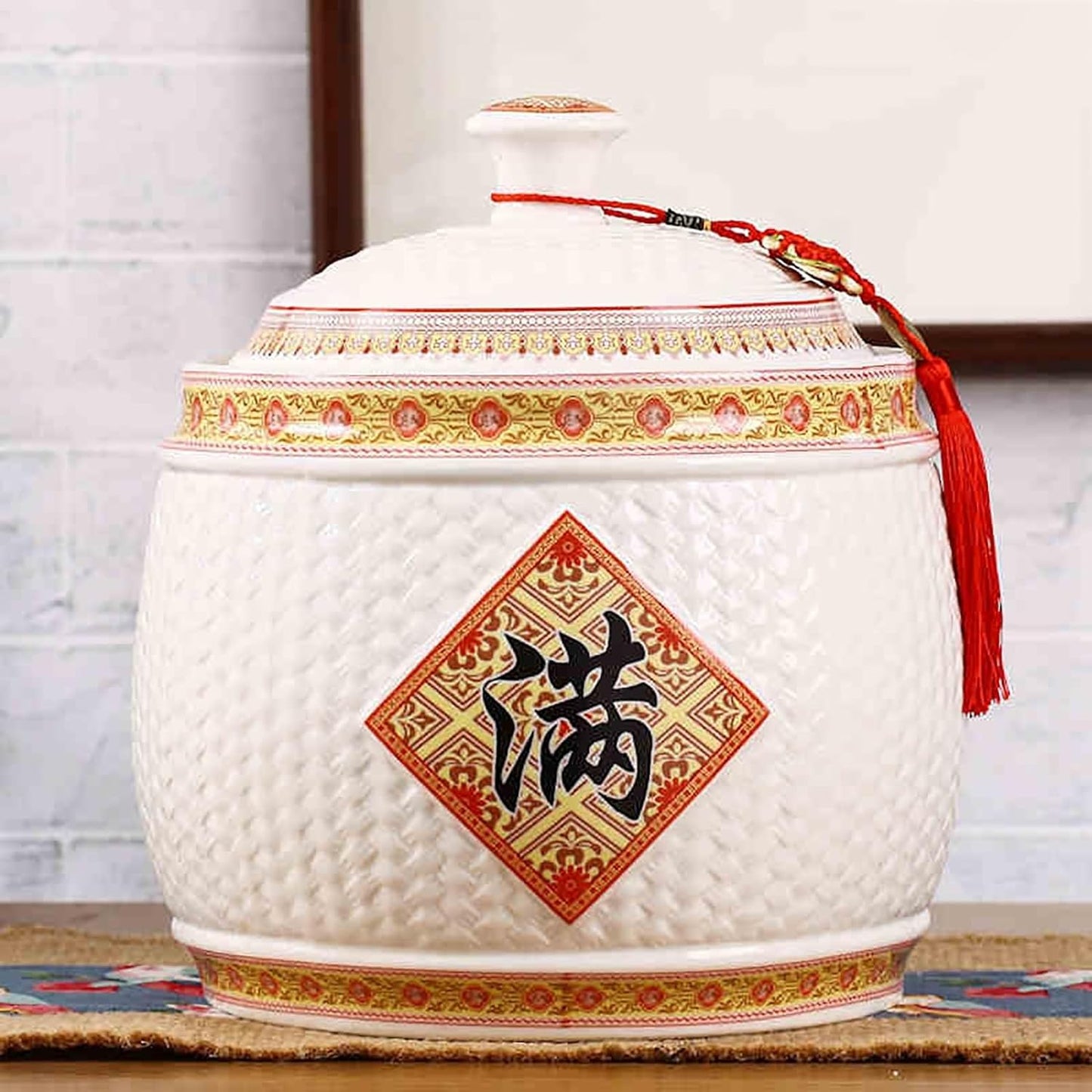Chinese Sealed Large-Capacity Rice Pot, Ceramic Rice Bucket With Tassel Design, Grain Storage Ceramic Container, Rice Dispenser Airtight Storage Bucket For Grains Snacks Candy Coffee Beans Food(B,Capa